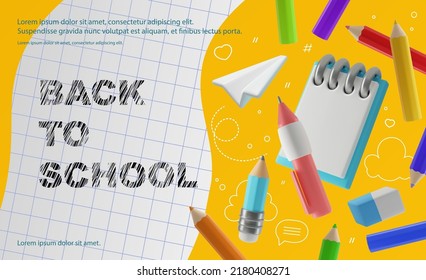 Back to school vector illustration in modern 3d style. Floating pens and pencils, a notebook and a plane with doodle drawings on a yellow background