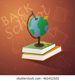 Back to school vector illustration. New school design, globus and icons in school design