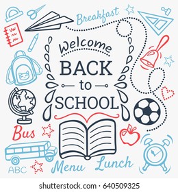 Back to School. Vector Illustration With School Objects. Colorful Hand-drawn Designs Label Set Isolated On White Background. Retro Style Elements.