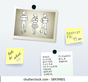 Back to school, vector illustration of an old photo surrounded by notes