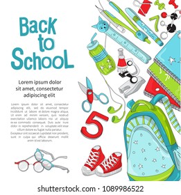 Back to school vector illustration on white background. School and office supplies. Stationery layout template for graphic design, web banners and printed materials