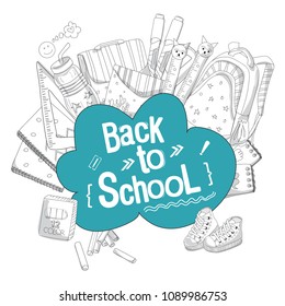 Back to school vector illustration on white background. School and office supplies. Stationery layout template for graphic design, web banners and printed materials