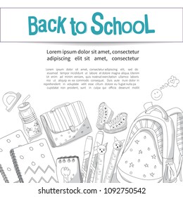 Back to school vector illustration on white background. School and office supplies. Stationery layout template for graphic design, web banners and printed materials