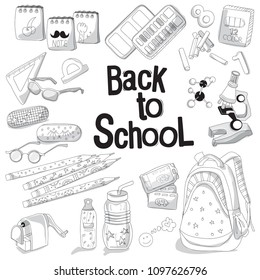 Back to school vector illustration on white background. School and office supplies. Stationery layout template for graphic design, web banners and printed materials