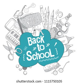 Back to school vector illustration on white background. School and office supplies. Stationery layout template for graphic design, web banners and printed materials