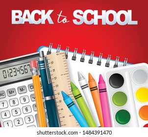 Back to school vector illustration on red background with realistic 3d study supplies - calculator, ring notebook, markers, crayons, ruler, ball pen, technical pencil. 