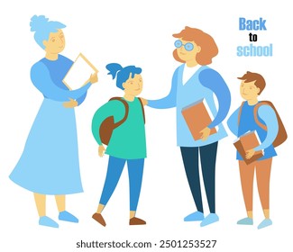 Back to school vector illustration on a separate background. Teachers and children in various poses. School characters. Students communicate with teachers with positive emotions.