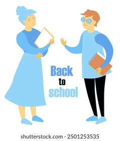 Back to school vector illustration on a separate background. Teachers with books in their hands are talking affably in various poses. School characters.