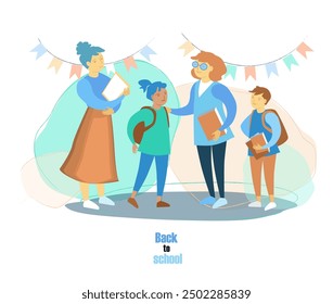 Back to school vector illustration on a separate background. Teachers and children in various poses. School characters. Students communicate with teachers with positive emotions.