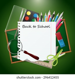 Back to school vector illustration on green background with school supplies.