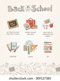 Back to school vector illustration on notebook paper, hand drawn school supplies, books, stationery