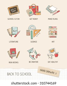 Back to school vector illustration on notebook paper, hand drawn school supplies, books, stationery