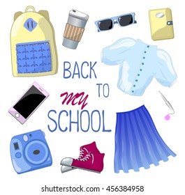 Back to school vector illustration on white. Hipster fashion look - sunglasses, sneakers, notebook with pen, smartphone, photo camera, urban backpack, coffee cup. Girl school uniform in marine style