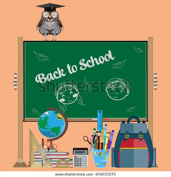 Back to school\
vector illustration. Owl, chalkboard, backpack and school supplies\
isolated. Flat style\
design.