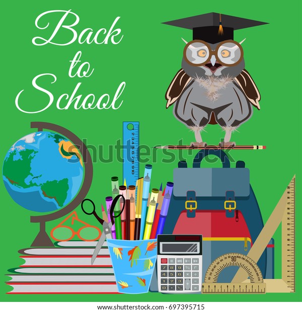 Back to school\
vector illustration. Owl, globe, backpack and school supplies\
isolated. Flat style\
design.