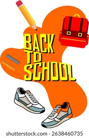 back to school vector illustration with pencil, shoes, ruler, and backpack icon.