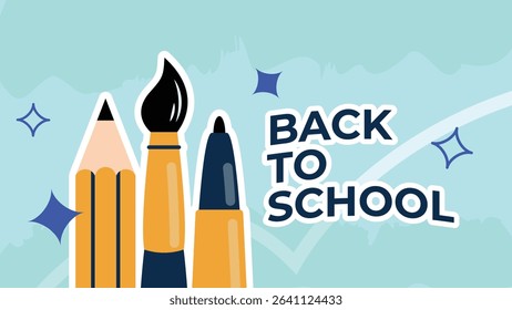 Back to school vector illustration with pencil, brush, and marker. flat cartoon style banner for education season, student promotions, and school supply advertisements.