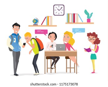 Back to school, vector illustration. Vector poster. Cute school kids characters. Happy schoolboys and schoolgirl. Elementary school students. - stock vector
