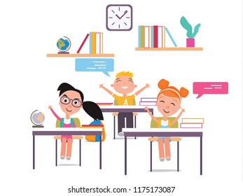 Back to school, vector illustration. Vector poster. Cute school kids characters. Happy schoolboys and schoolgirl. Elementary school students. - stock vector