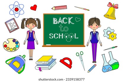 De vuelta al afiche escolar de ilustración vectorial, lindos escolares. Vector