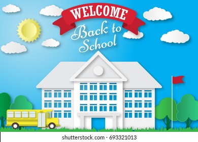 Back To School Vector Illustration. School Poster With Building, School Bus, Nature Background, Text Signs Welcome And Back To School. Paper Art Style Design