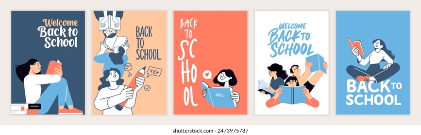 Back to school. Vector illustration posters for education, learning, reading book, school, bookstore. International education day, world book day, teachers day.