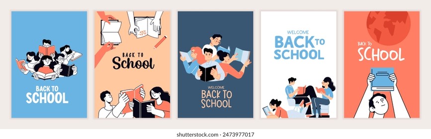 Zurück in die Schule. Vektorillustration Poster für Bildung, Lernen, Lesen Buch, Schule, Buchhandlung. Internationaler Tag der Bildung, Welttag des Buches, Tag der Lehrer.