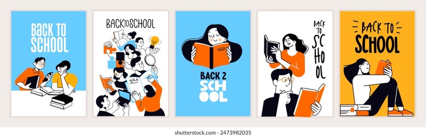 Back to school. Vector illustration posters for education, learning, reading book, school, bookstore. International education day, world book day, teachers day.