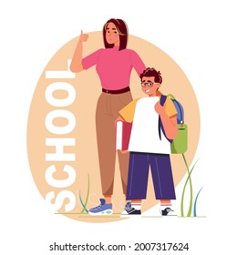 Back to school vector illustration. Preparation to Day of knowledge, school supplies buying, first grader gathering. Mom seeing her child 
off to school. Teachers support in preparing for school.