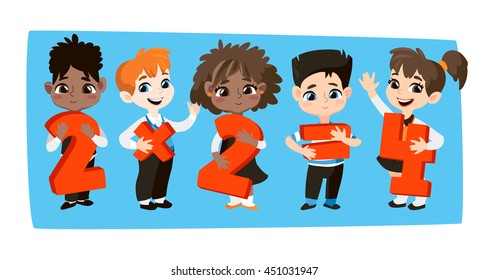 Back to school vector illustration. Pupils keep numbers and symbols.
