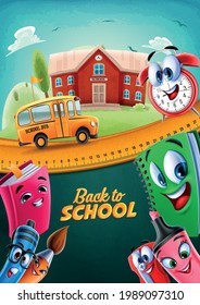 Back to school vector illustration with scene with school building and bus traveling to school with cheerful characters friends