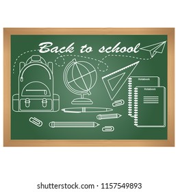 Back to school. Vector illustration. School-board with drawings school-backpack, globe, ruler, notebook, pen and pencil. Education and study learning concept.