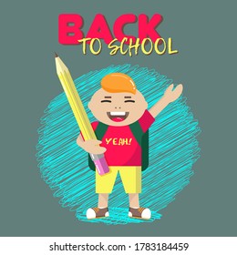 Back to school. Vector illustration with a schoolboy, abstract scribble background and lettering. Colorful clip-art.