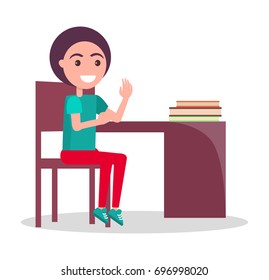 Back to school vector illustration with schoolboy sitting at table with pile of textbook, raising hand to answer, child at lesson isolated on white