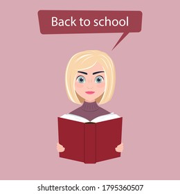 back to school. vector illustration. schoolgirl with an open book. cartoon character.