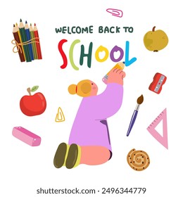 Zurück zur Schule, Vektorgrafik. Ein Schulmädchen schreibt mit einem Bleistift. Flache Kinder und Bildungs-Accessoires. Kleines Mädchen handgezeichnete flache Design.