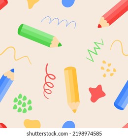 Back to school vector illustration. Seamless pattern with colored pencils, scribbles and splashes on bright background.