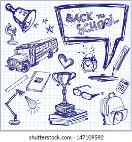 Back to School. Vector illustration. Set of freehand drawing school symbols on a sheet of exercise book.