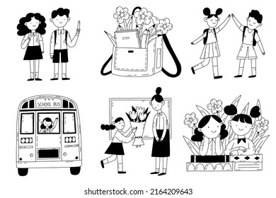 Back to school vector illustration set. Preparing for the Day of Knowledge, buying school supplies, gathering first graders. Schoolchildren and teachers,  bus, cartoon characters outline illustration.