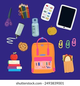 Back to school vector illustration. Set of school supplies and food. Accessories and study. Children's school backpack and its contents. Flat style