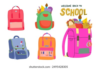 Back to school vector illustration. Set of colorful school backpacks, school supplies and food. Accessories and study. Children's school backpack and its contents. Flat style