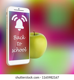 Back to school - vector illustration of smartphone and fresh green apple on vibrant gradient background. Screen of smartphone with bell icon and text