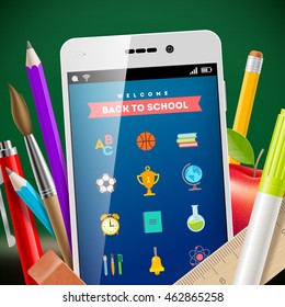 Back to school - vector illustration with smartphone and stationery items