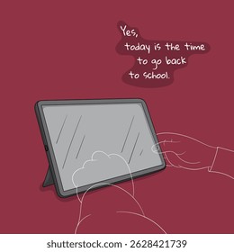 Back to school. Vector illustration of standing tablet in cartoon with the hand in line art design. cartoon design of tablet for back to school campaign