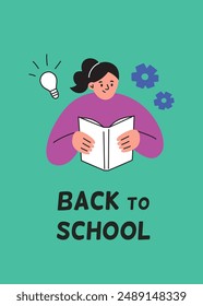 Back to school vector illustration with a student reading a book. Flat cartoon style template with colorful design. Perfect for education, learning. Studying composition with fun and playful character