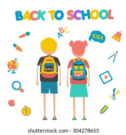 Back to school vector illustration. Students with education symbols around
