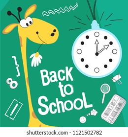 Back to school vector illustration. Style comics cartoon about school. For the youngest children. Giraffe looks at the clock to go to school