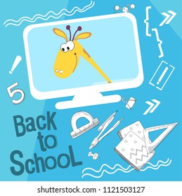 Back to school vector illustration. Style comics cartoon about school. For the youngest children. Giraffe on the screen, says he wants and loves to learn