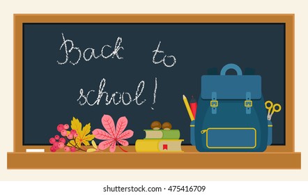 Back to school vector illustration. School supplies and autumn/fall plants on blackboard background. Horizontal