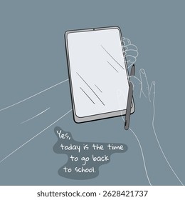 Back to school. vector illustration of tablet design with the hand in line art design for back to school or business template. tablet in cartoon design